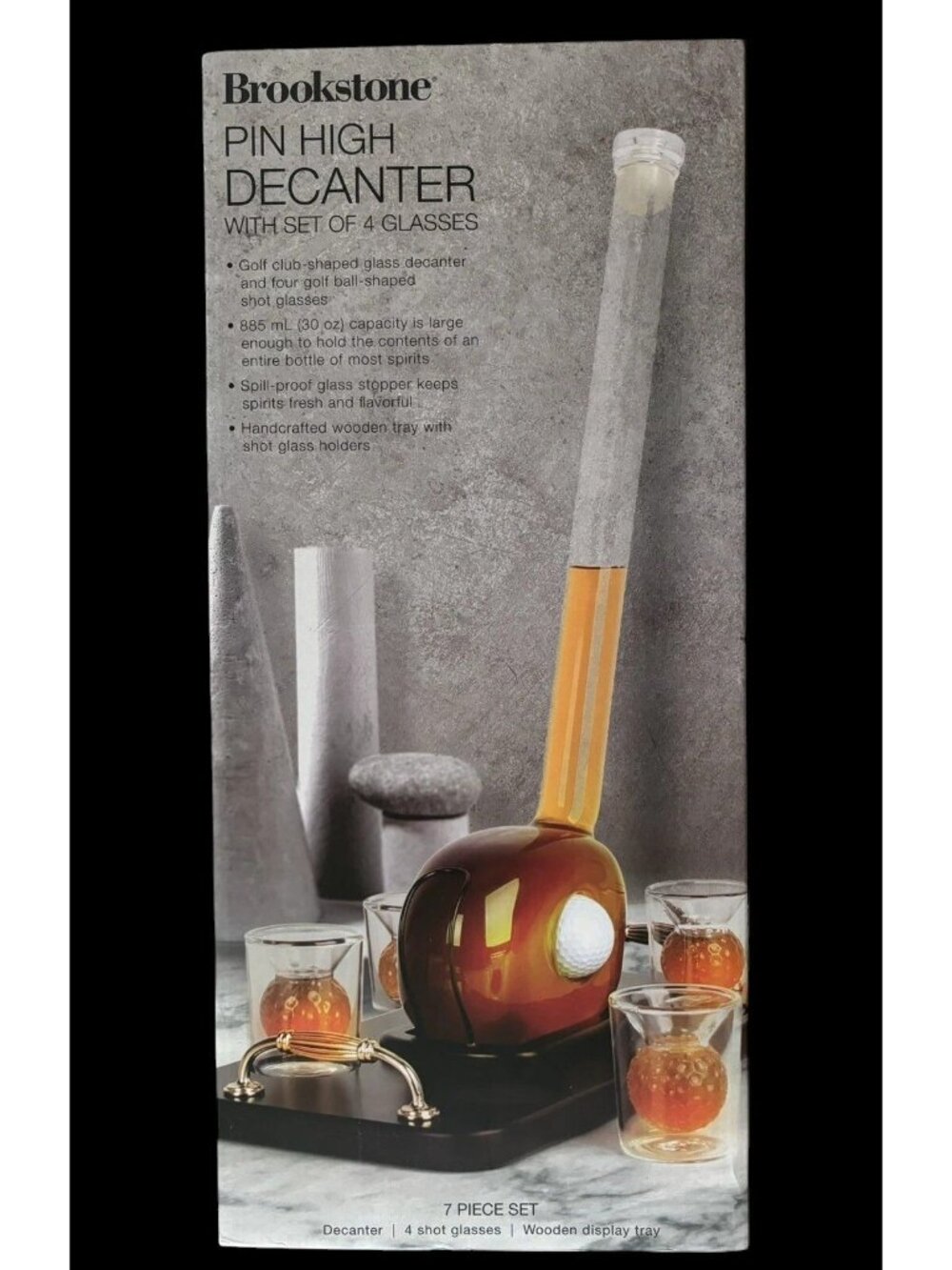 Brookstone Pin High Decanter Set with 4 Shot Glasses & Wooden Tray - New in Box - Picture 4 of 7